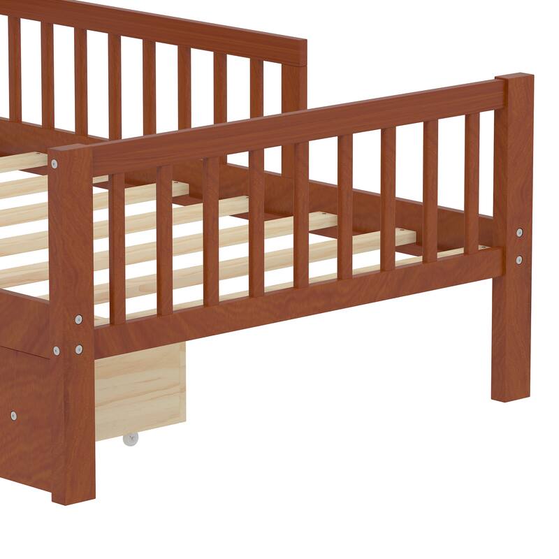 Safe Kids Bed Platform Bed Twin Size Wood Bed Frame with Storage Headboard and 2 Drawers Under, 3-Side Guardrails for Boys Girls