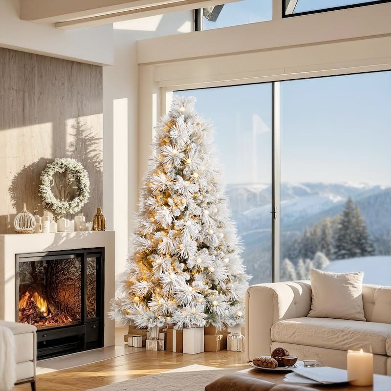 Glitzhome 7.5FT/9FT Pre-Lit Flocked Snowy Full Pine Artificial Christmas Tree with Warm White Globe Lights & Foot Switch