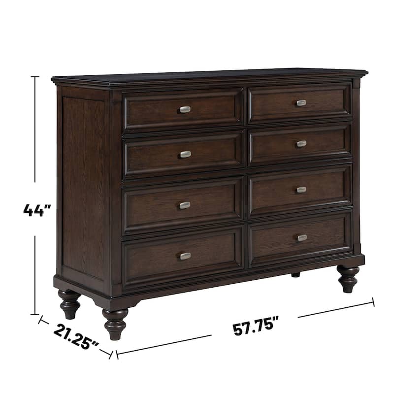 8 Drawers Wooden Dresser with Gunmetal Hardware in Dark Oak