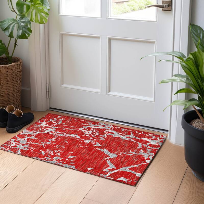 Machine Washable Indoor/ Outdoor Abstract Camo Chantille Rug - Red - 1'8" x 2'6"