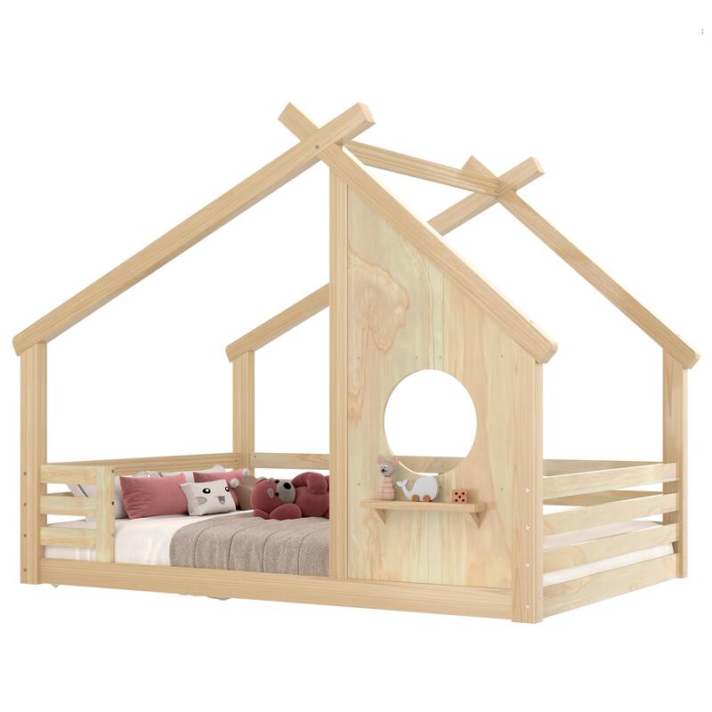 Full House Floor Bed with Window and a Small Shelf, Solid Wood Floor Bed with House-shaped Roof, No Spring Box Needed