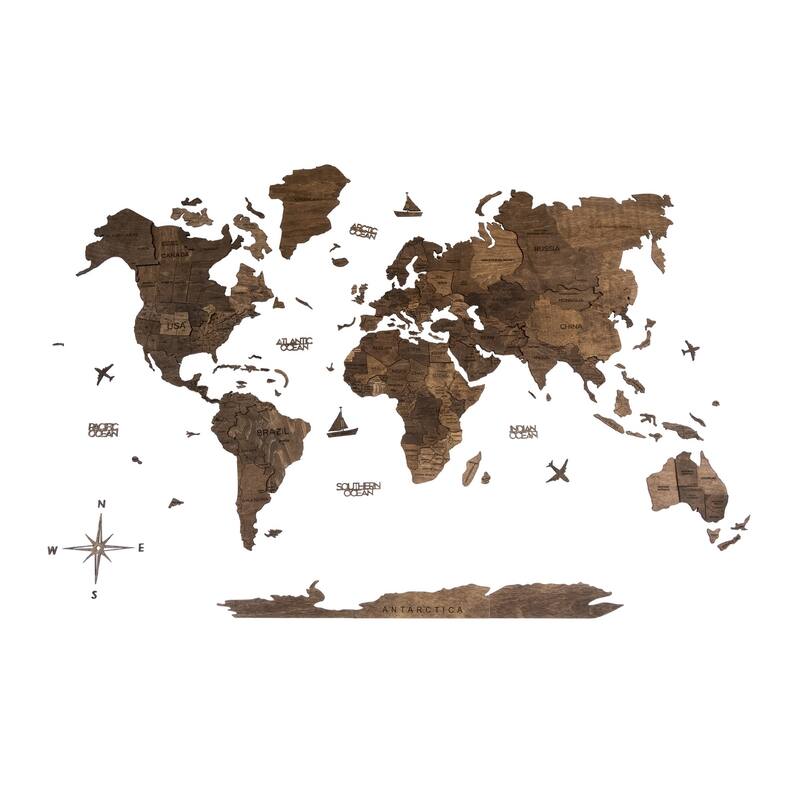 HomeRoots 47" X 79" Dark Brown Wood World Map Hanging Dimensional Sculpture