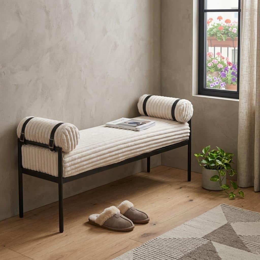 HomeRoots 55" Cream and Black Corduroy and Steel Upholstered Bench - 55.10 in. x 21.30 in. x 16.90 in.