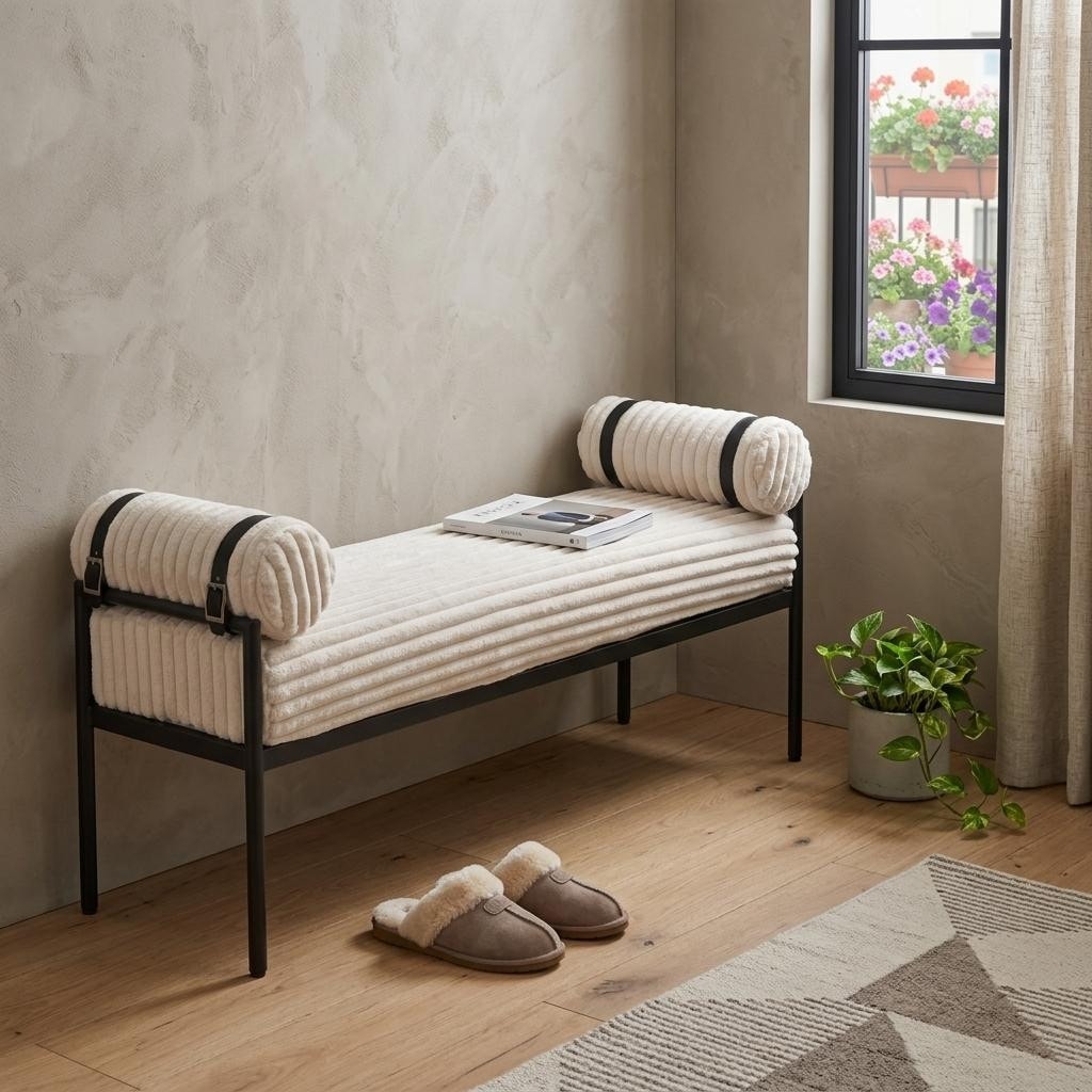 HomeRoots 55" Cream and Black Corduroy and Steel Upholstered Bench - 55.10 in. x 21.30 in. x 16.90 in.