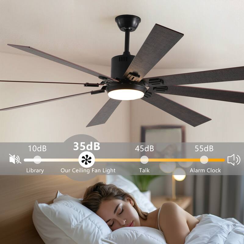 72" Walnut LED Ceiling Fan Light with 8 Wooden Blades, Remote Control, Adjustable Color Temperature for Living Room, Bedroom