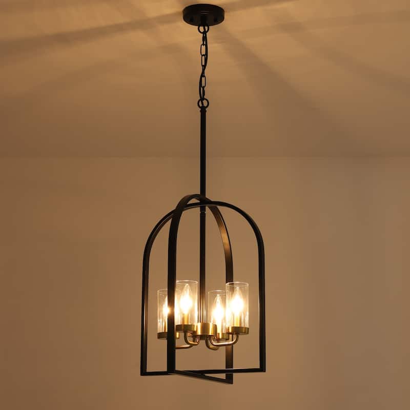 4-Light Farmhouse Industrial Matte Black Lattern Cage Chandelier with Clear Glass Tube for Use in Kitchen Island, Dining Room