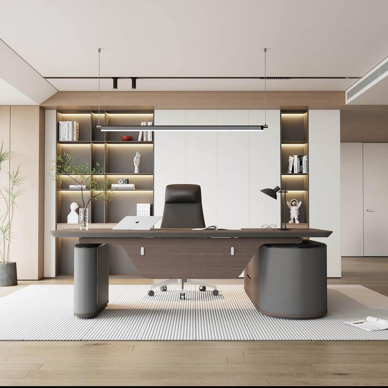Sit & Stand Adjustable Height L Shaped Executive Desk with File Cabinets Drawers Universal Charging Ports