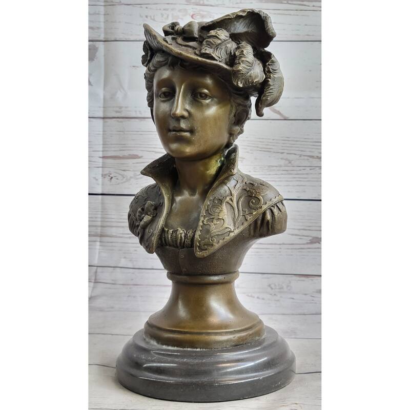 Victorian Era Woman In Feathered Hat Bronze Bust Statue Sculpture 11 Inches X 5 Inches