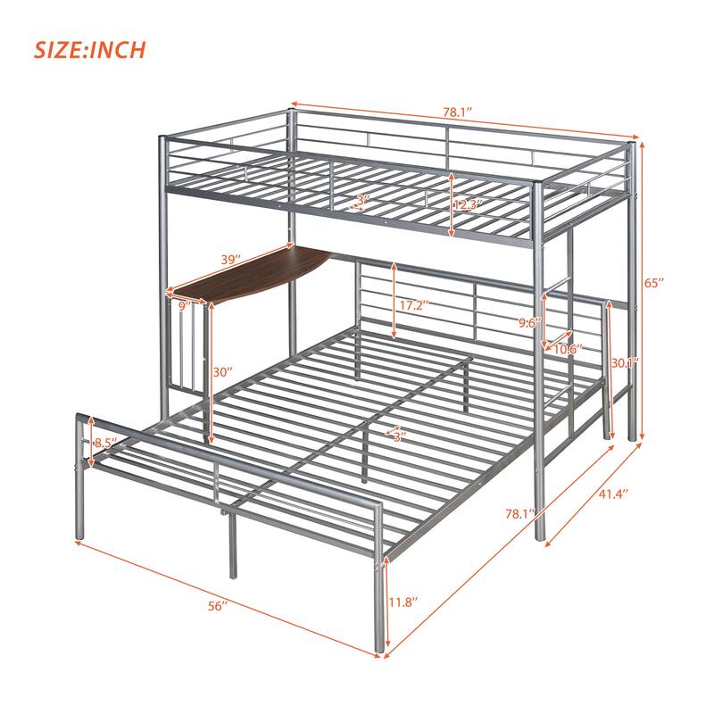 L-Shaped Metal Bunk Bed w/Built-in Desk & Ladder, Twin Over Full Size