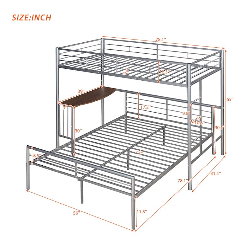 Twin over Full Metal Bunk Bed with Desk, Ladder, and Quality Slats