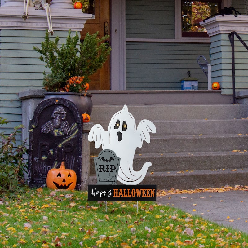 Glitzhome 32"H Lighted Halloween Metal Ghost Yard Stake Hanging Decor with Timer