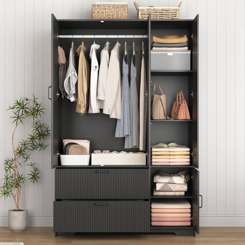 Wardrobe Closet with Automatic Motion Sensor Light, Half-length Mirror Door Armoire Storage Cabinet