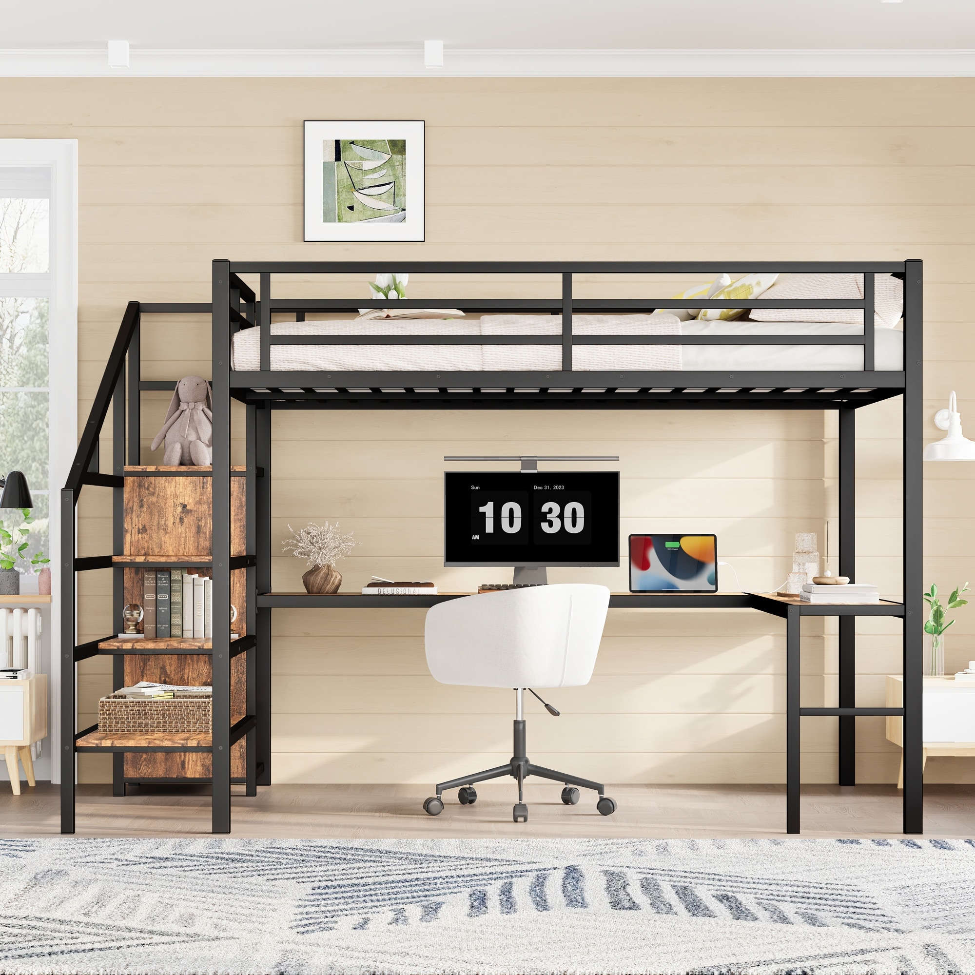 High Queen Size Loft Bed for Kids Teens Adults with L-shaped Desk, USB, Wardrobe, Storage Stairs and Adjustable Shelf