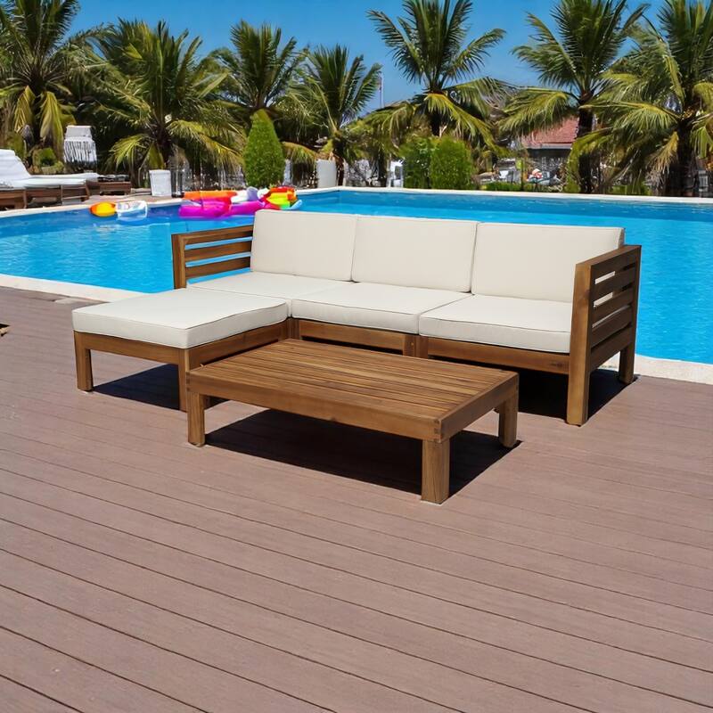 2-Piece Outdoor Patio Sectional Sofa Set, Acacia Wood Frame with Cushions, Ottoman and Coffee Table, outdoor Conversation Set