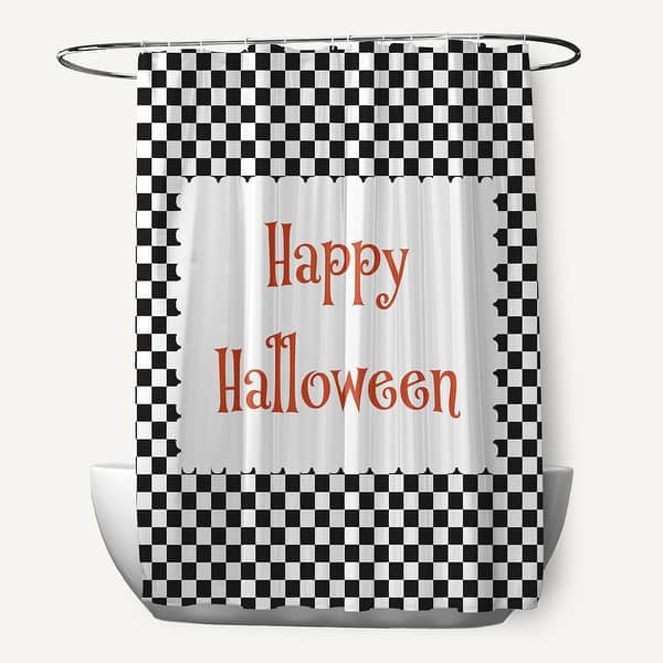 slide 2 of 3, Halloween Happy Halloween Checks Shower Curtain Black