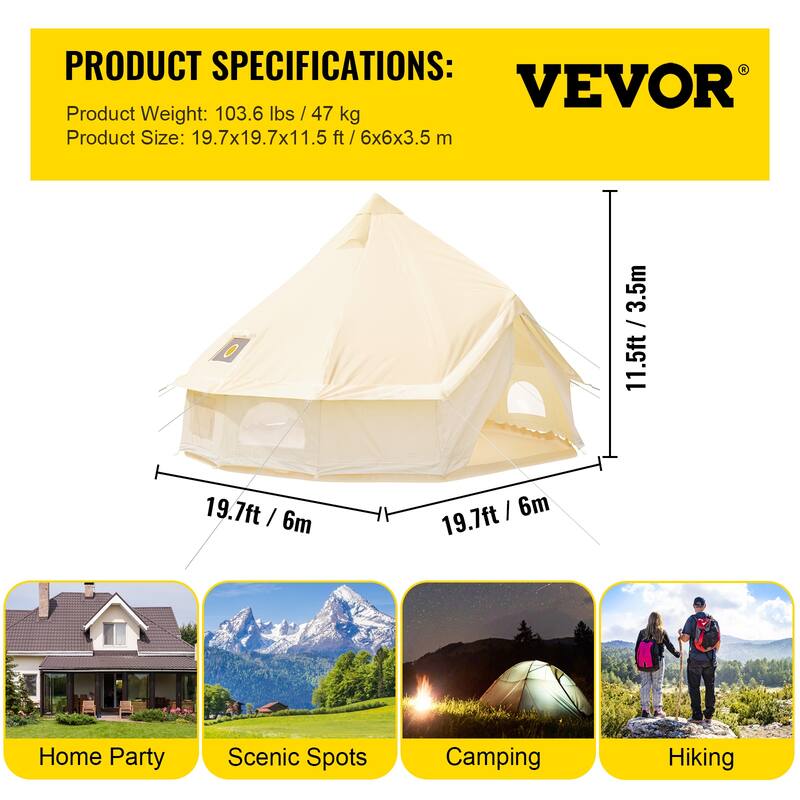 VEVOR Canvas Tent 4 Seasons Breathable 100% Cotton Canvas Yurt Tent - w/Stove Jack