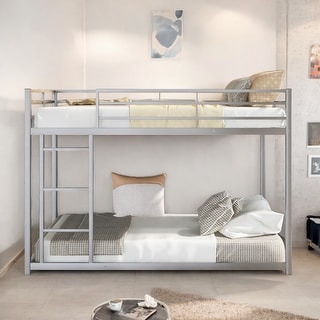 Modern Full over Full Metal Bunk Kids Bed with Sturdy Frame, Built-in Ladder, Safety Guardrails for Space-Saving, Black