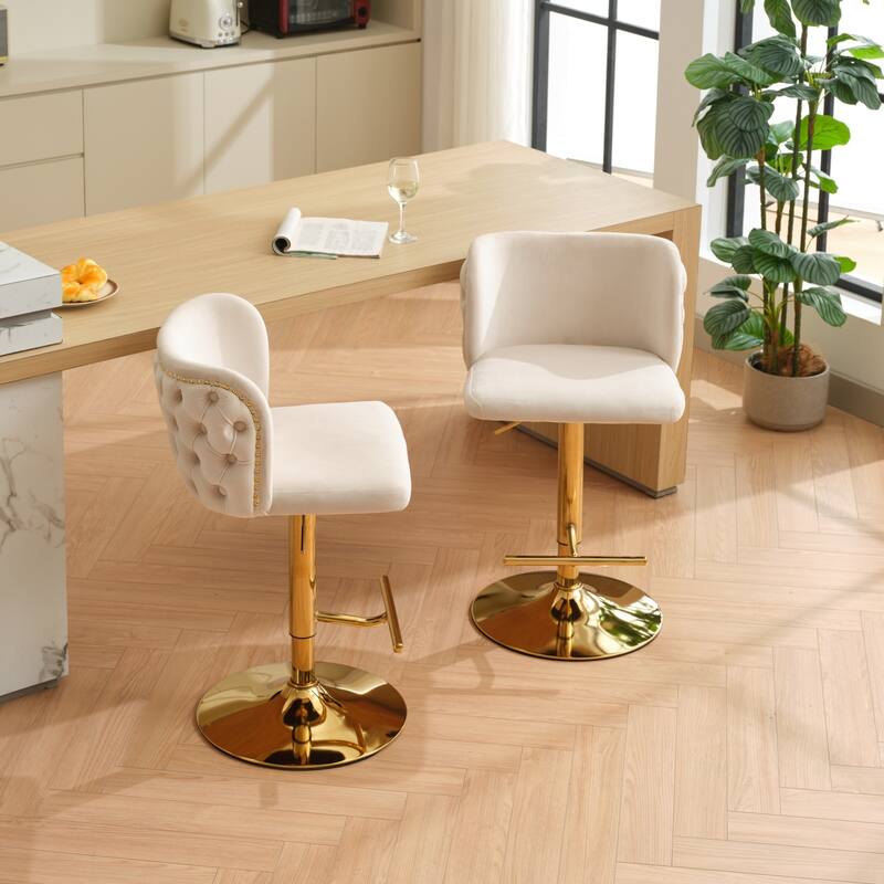 Swivel Barstools Adjusatble Seat Height With Gold-plating Base, Classic Velvet Upholstered Bar Stools with the whole Back Tufted