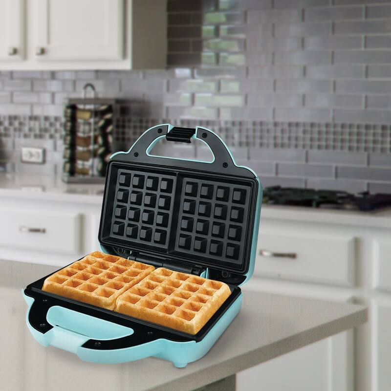Non-Stick Dual Waffle Maker in Light Teal with Indicator Lights