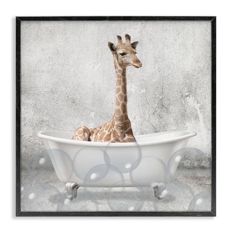 Stupell Baby Giraffe Bath Time Cute Animal Design,12 x 12, Framed Wall Art - 17 x 17 - Wood