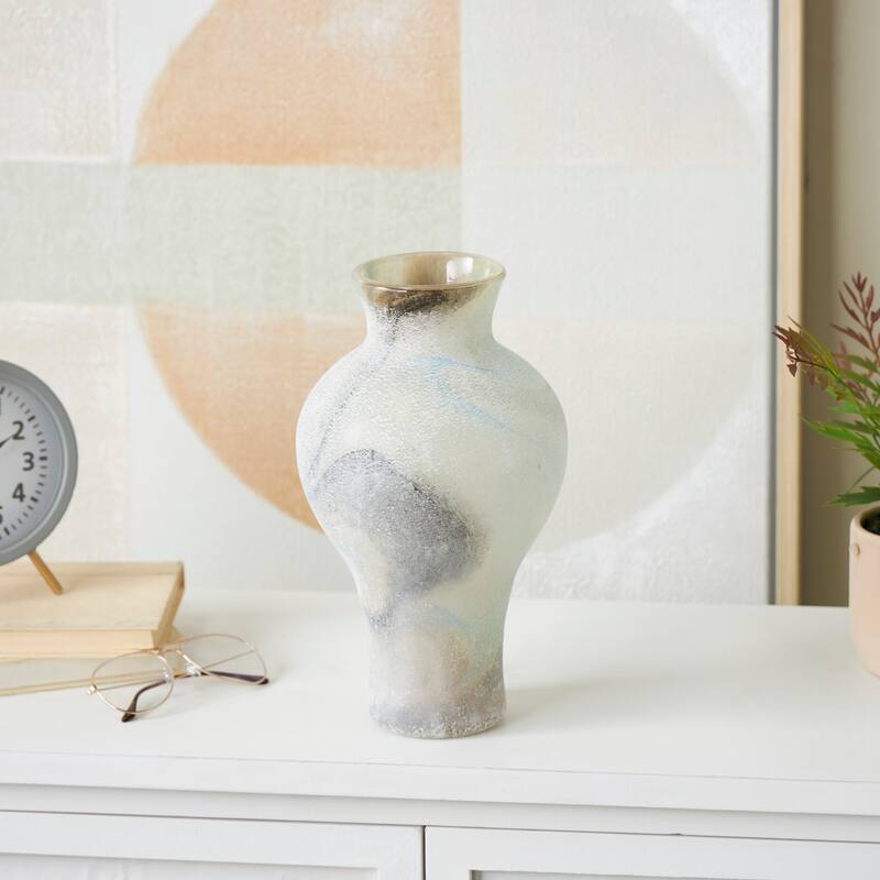 Cream Glass Distressed Decorative Vase with Blue and Tan Texturing - Cream
