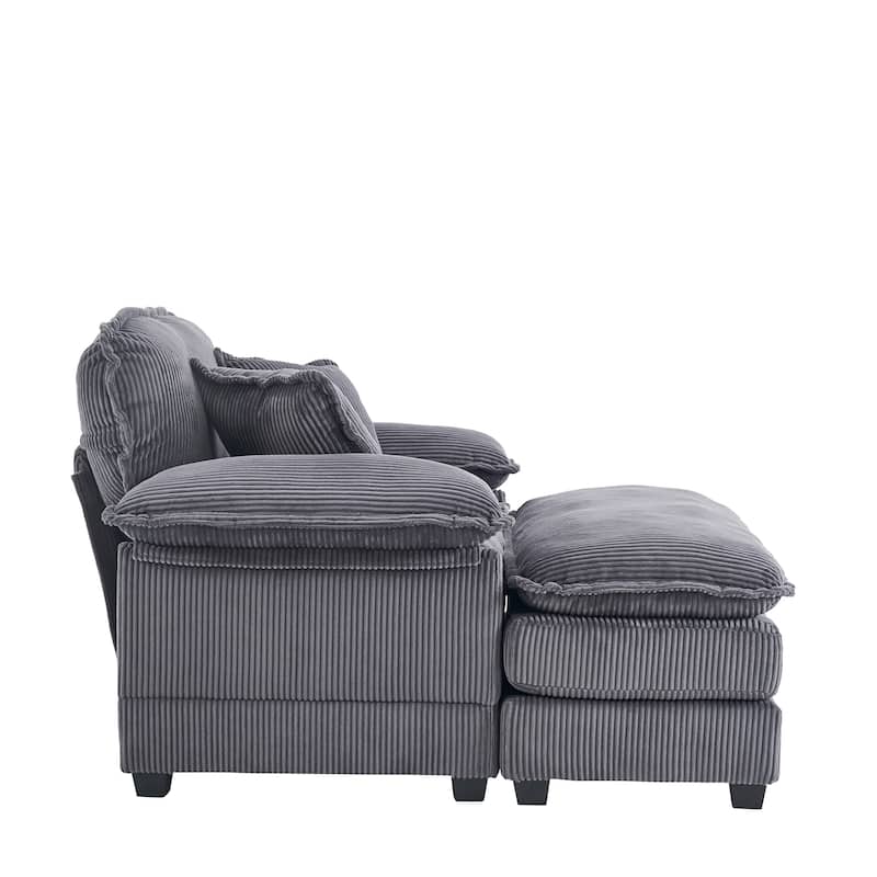 56.3 Inch Corduroy Single Deep Seat Sofa Chair With 2 Toss Pillows and a Ottoman