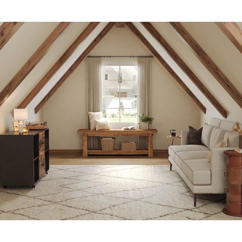 55" Solid Wood Entryway Bench with Shoe Storage, Charred Wood Grain