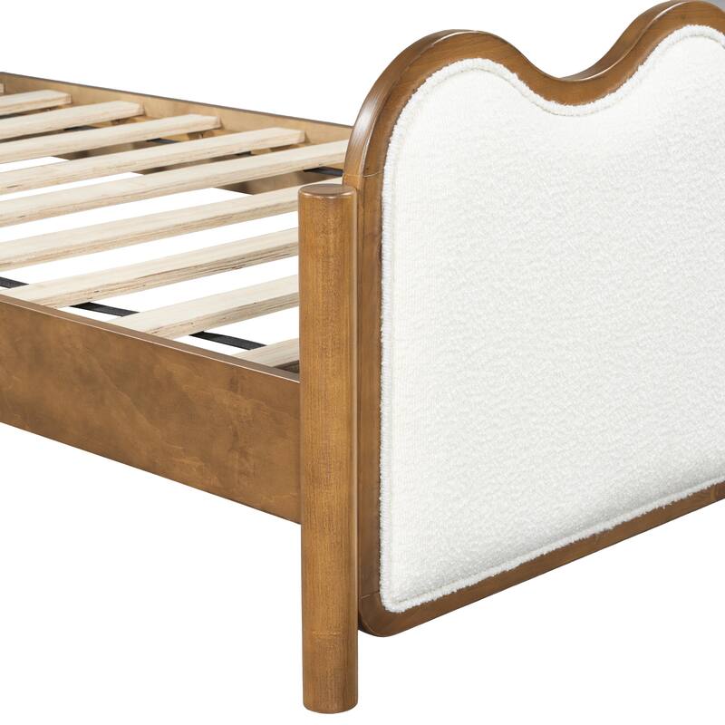 Christopher Knight Home - Modern Upholstered Boucle Bed Frame with Wooden Legs with Wavy Curved Headboard