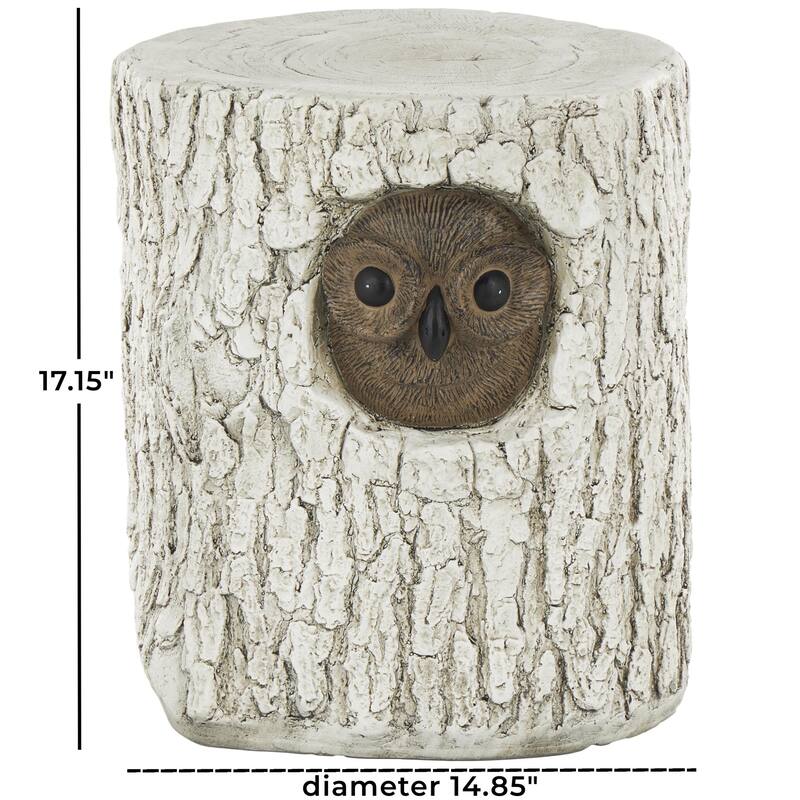 White Magnesium Oxide Tree Trunk Owl Garden Stool with Brown Accents