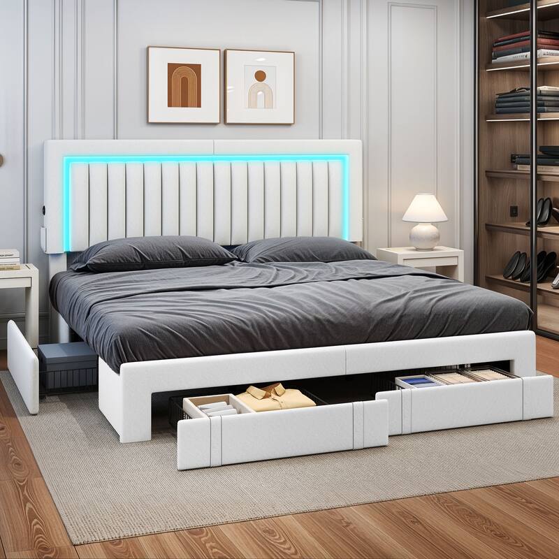 Velvet Upholstered Platform Bed Frame with Adjustable Headboard and 4 Storage Drawers & RGB LED Lights