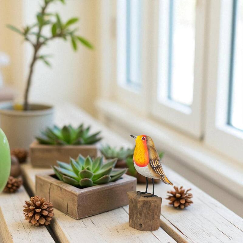 Wood European Robin Figurine - Hand Carved Songbird Sculpture, Rustic Bird Decor on Driftwood Base