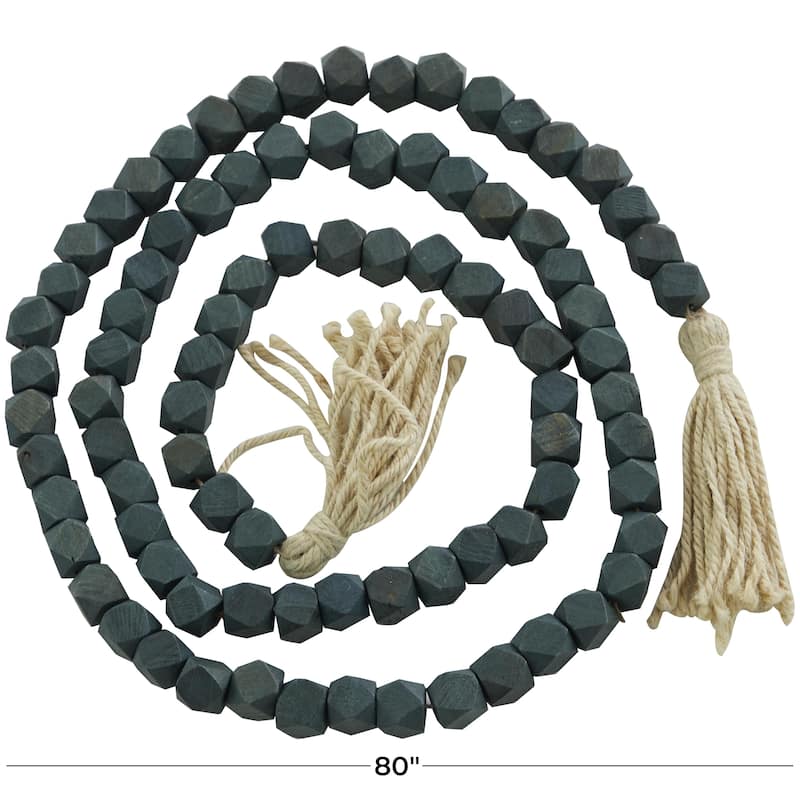 Mango Wood Handmade Hexagon Carved Geometric Long Beaded Garland with Tassel - Roche River Decor