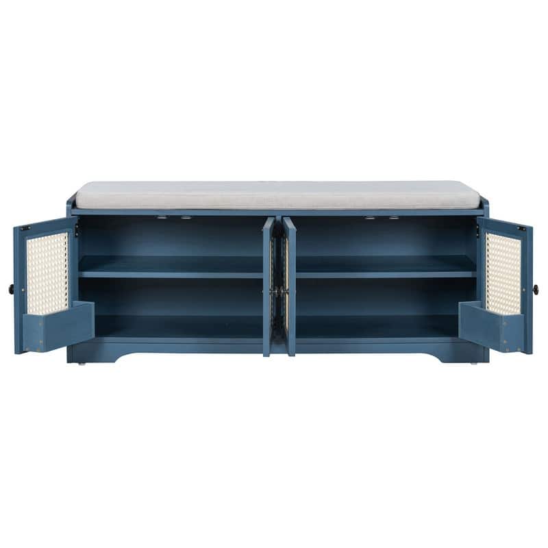 Rustic 47.4" Storage Bench Multifunctional Wooden Entryway Organizer with Removable Cushion and Rattan Doors