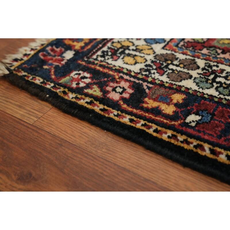 Hand Knotted Oriental 100% Wool Carpet Traditional Floral Black Bakhtiari Runner Rug - 14' 7'' X 3' 9''