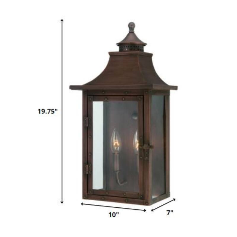 2-Light Patina Wall Light Gas Lantern Style Clear Glass - 7” x 10” x 19.75”