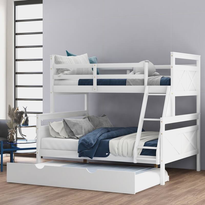 Twin over Full Bunk Bed with Ladder, Twin Size Trundle, Safety Guardrail with Headboard & Footboard - White