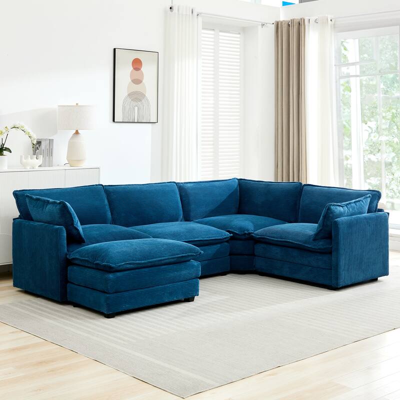 5-Seater Corduroy Sectional Sofa with a Removable Ottoman & Corner Seat, Soft & Comfortable - 4 Seats with 1 Ottoman