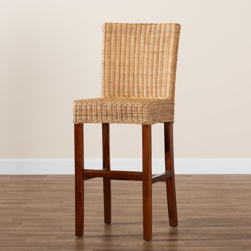 Racquel Modern Bohemian Natural Rattan and Mahogany Wood Bar Stool