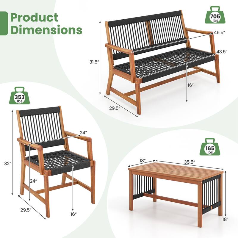4PCS Outdoor Patio Acacia Wood Conversation Table & Chair Set