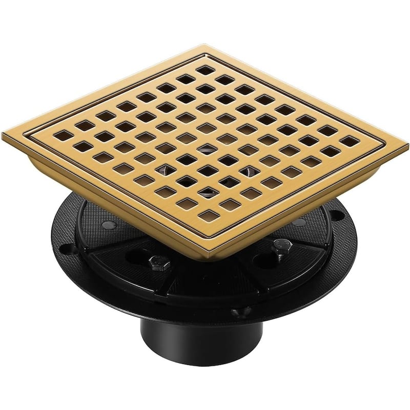 PROOX 6 inch Square Shower Floor Drain with Flange Removeable Grid Panel - 6 in. - Brushed