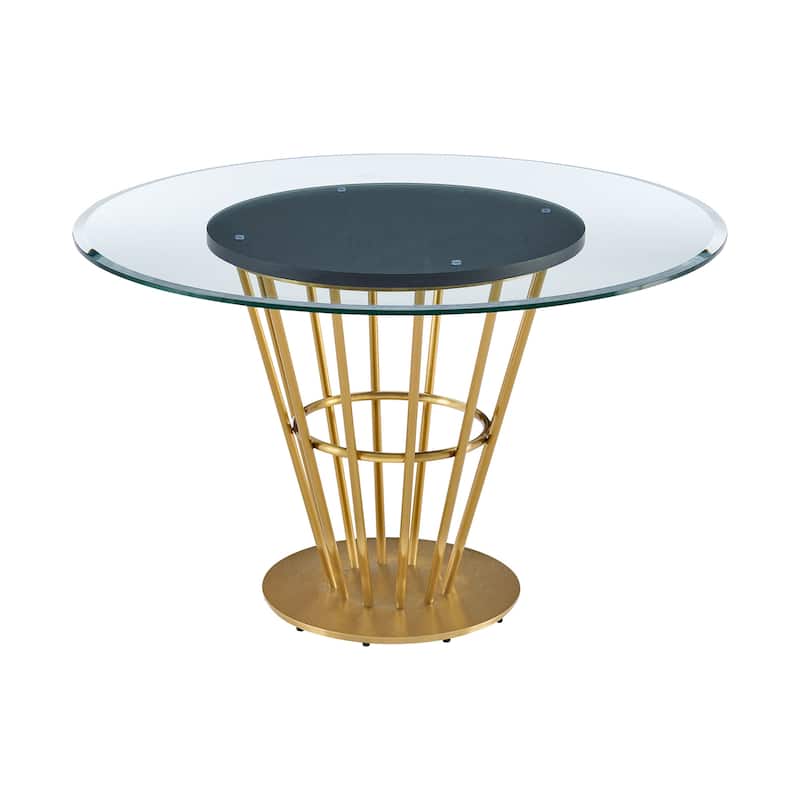 48" Clear And Gold Glass And Stainless Steel Pedestal Base Round Top Dining Table
