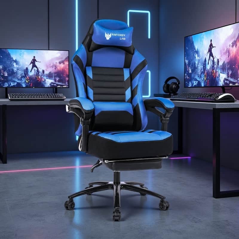 PU Racing Gaming Chair with Massage Lumbar Support and Retractable Footrest - Blue