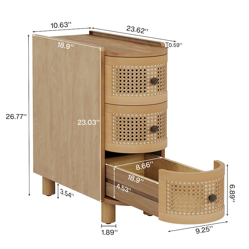 3-Drawer Solid Wood End Side Table Rattan Nightstand Bedside Table