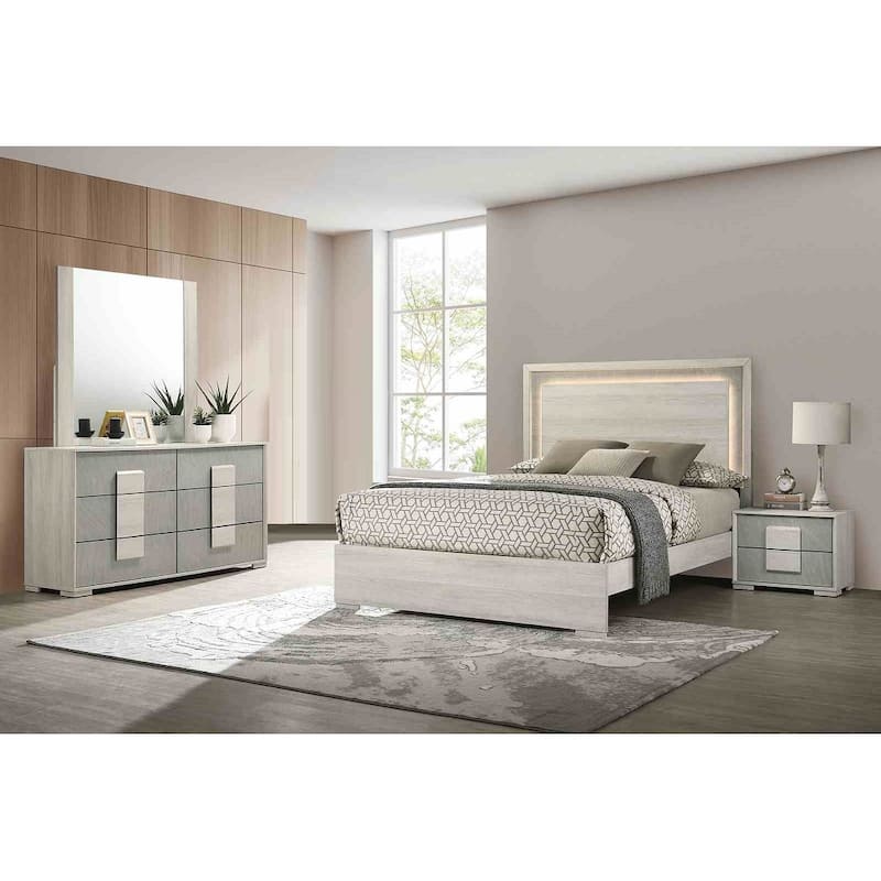 Stone Gray Finish Modern Bedroom Furniture Set LED Bed Dresser Mirror Nightstand
