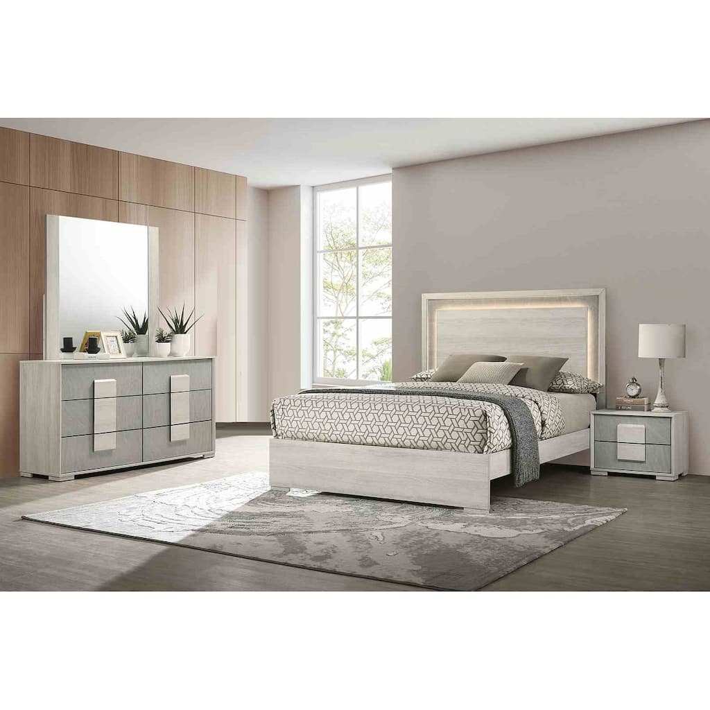 Stone Gray Finish Modern Bedroom Furniture Set LED Bed Dresser Mirror Nightstand