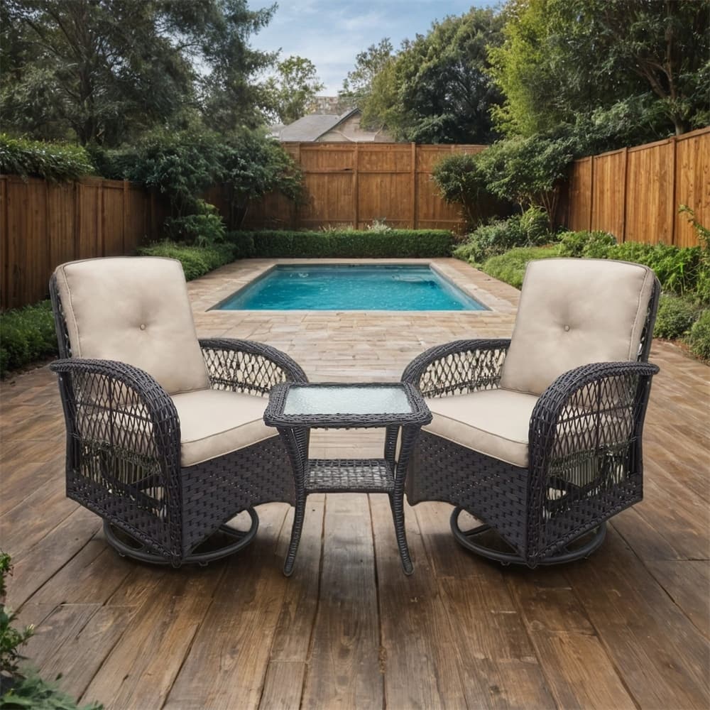 360-Degree Patio Wicker Swivel Rocker Chairs Set,w/Cushions and Table