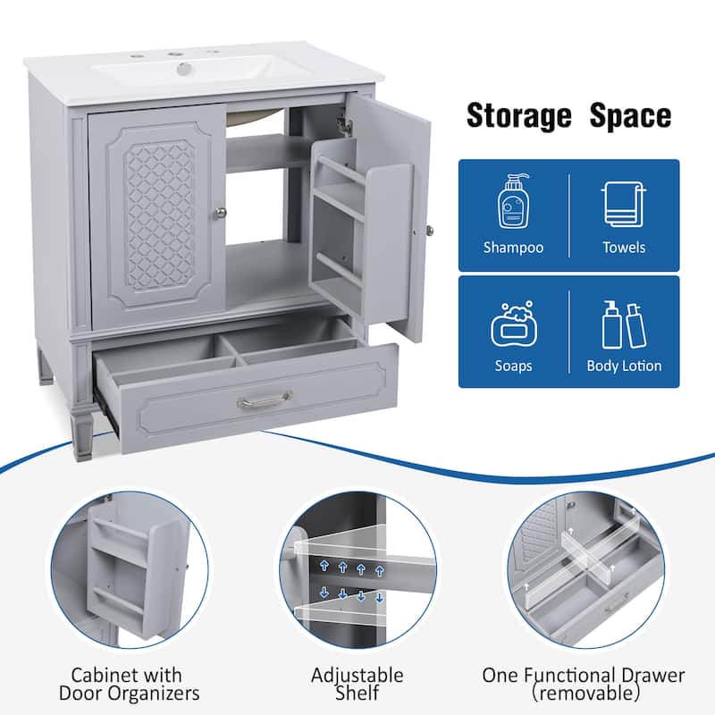Free Standing Wall Cabinet, 30" Bathroom Vanities with Ceramic Sink, Drawers and Storage Soft-closing Door Shelf