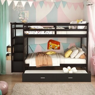 Multifunction Full Over Full Elegant Bunk Bed with Twin Size Trundle and Staircase, Espresso