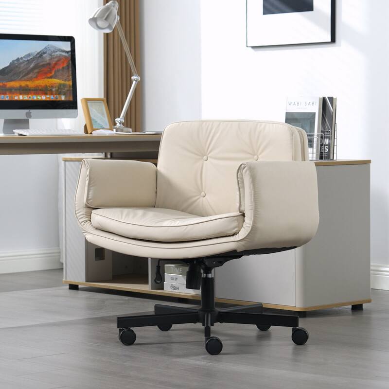 Criss Cross Chair with Adjustable Armrests Wheels Headrest, PU Lounge Vanity Desk Chair with Wide Seat, Swivel Office Chairs