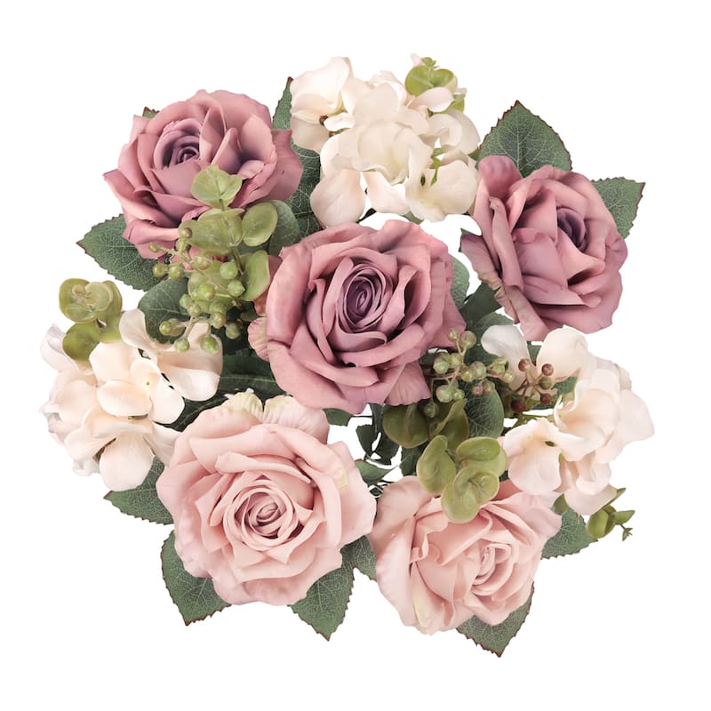 Set of 2 Dusty Mauve Artificial Mixed Rose Hydrangea Flower Stem Bush Bouquet 19in - 19" L x 12" W x 12" DP